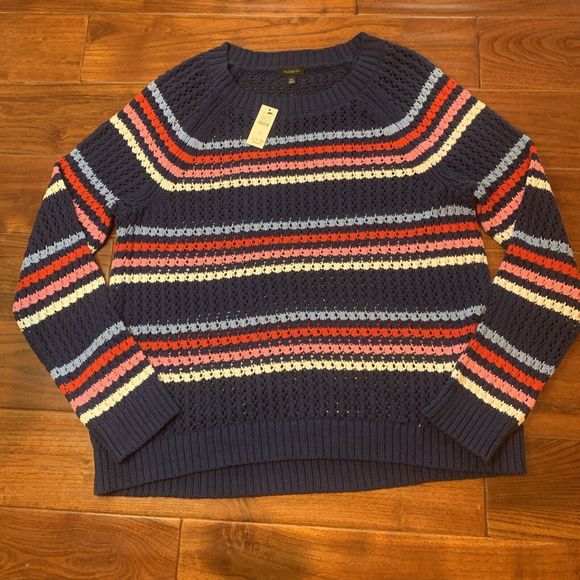 TALBOTS OPEN STITCH SWEATER - HAPPY STRIPE COTTON CREW NECK SIZE XL (16/18) NWT - Picture 8 of 14